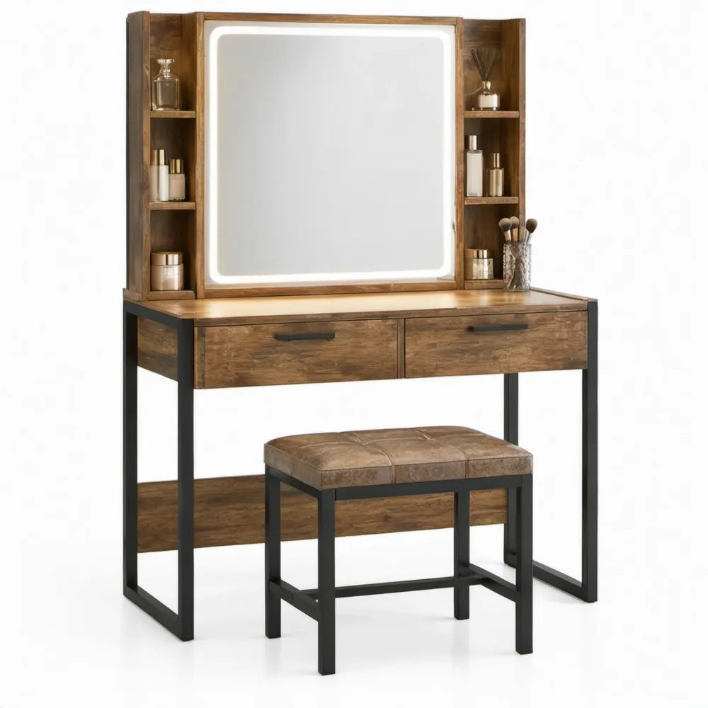 Kaptafel met ledspiegel, 2 lades en kruk – Donkerbruin/Zwart – 100 x 40 x 140 cm