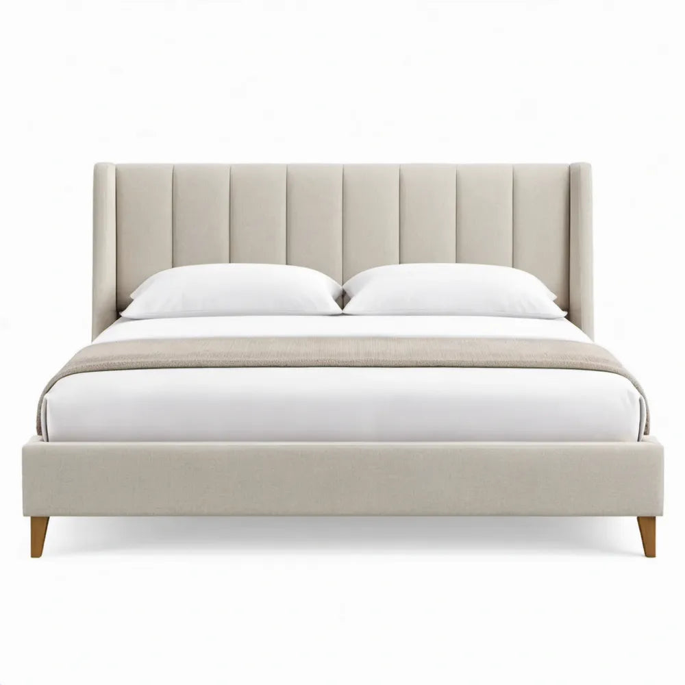 Gestoffeerd bedframe 160 x 200 cm Beige met Bruine houten poten