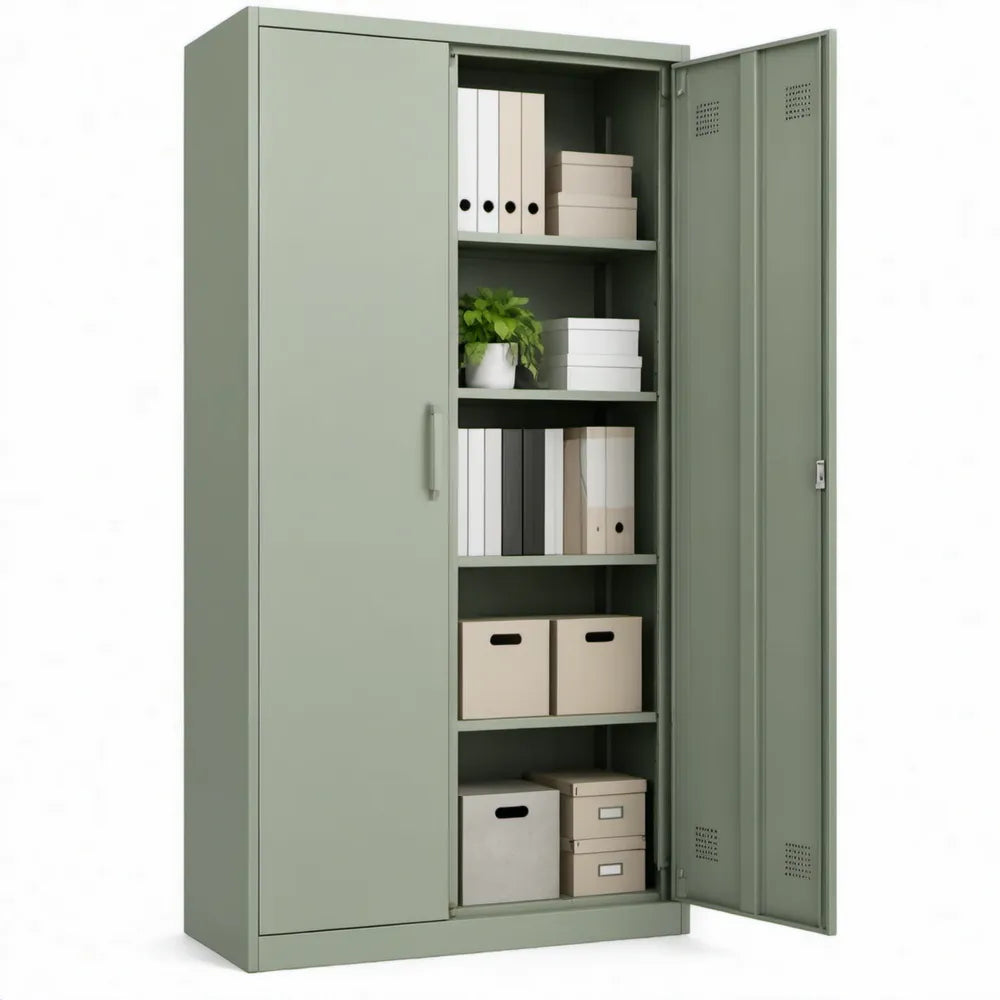 Stalen opbergkast met 2 draaideuren en 4 legplanken, 90 x 40 x 180 cm, saliegroen
