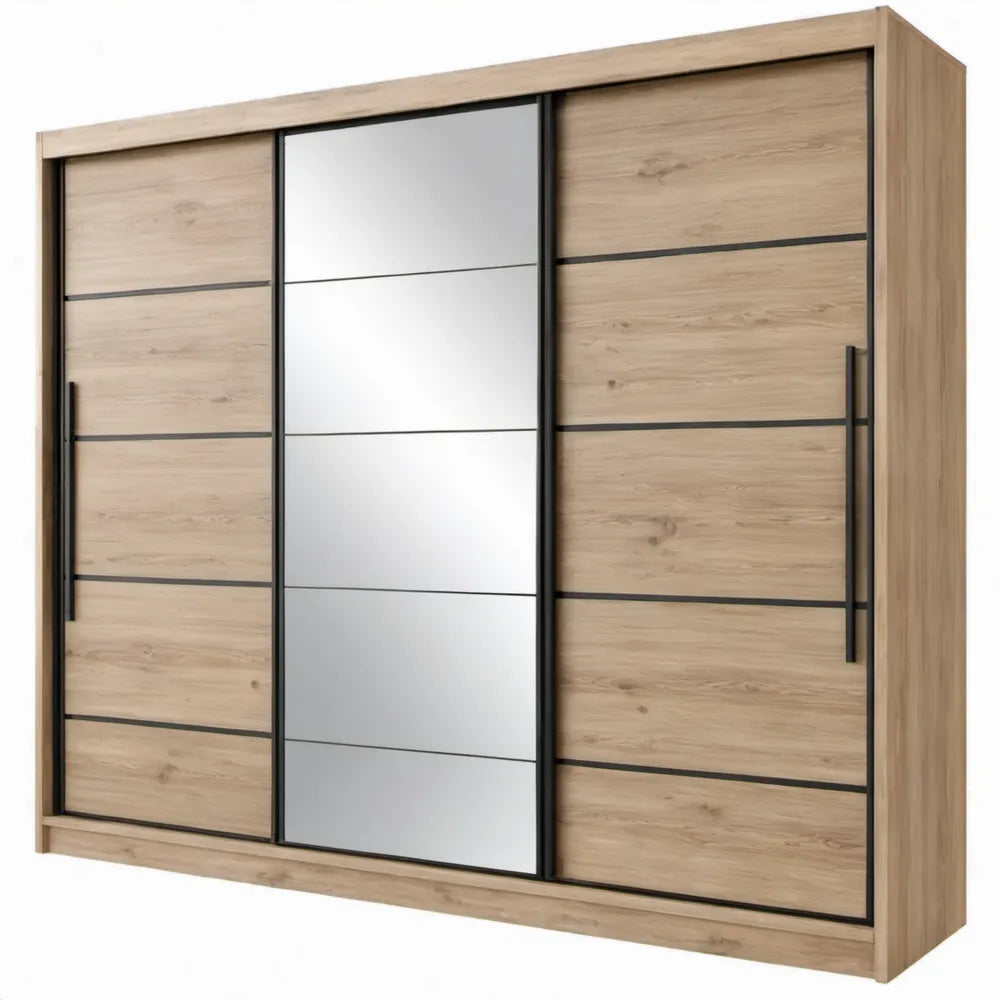 Schuifdeurkast met 3 deuren, spiegel en kledingroede 250 x 62 x 215 cm – Eikenkleurig/Zwart/Zilverkleurig