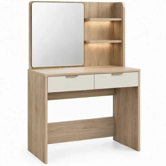 Kaptafel met spiegel, LED-verlichting en 2 laden – 100 x 40 x 145 cm – Eikenkleurig/Wit