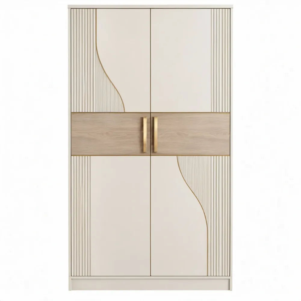 Kledingkast met 2 deuren, 100 x 52 x 200 cm, gebroken wit, licht eiken en goudkleurig