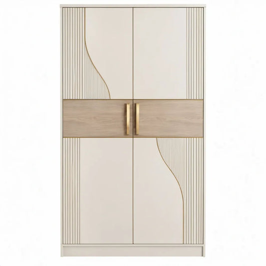 Kledingkast met 2 deuren, 100 x 52 x 200 cm, gebroken wit, licht eiken en goudkleurig