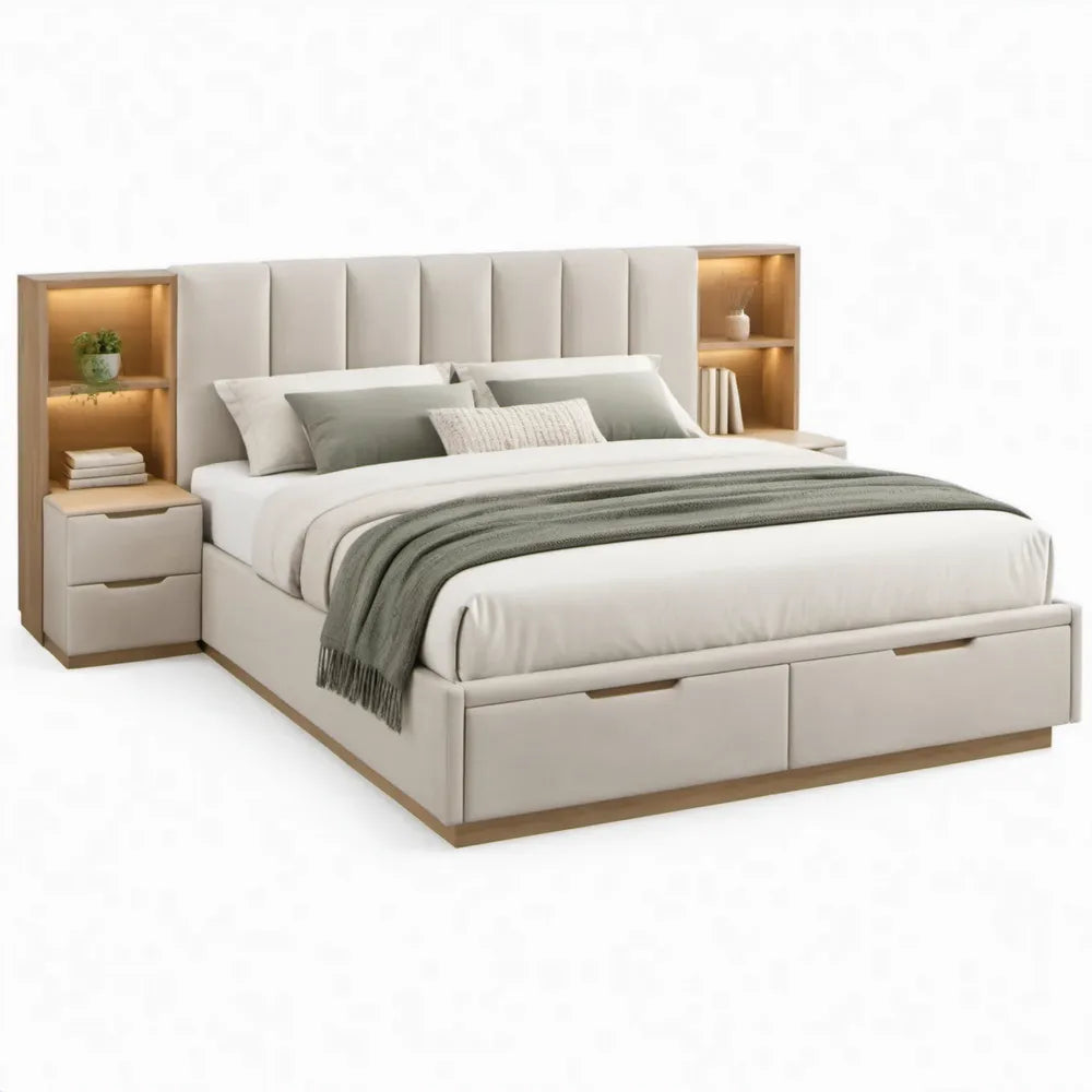 Tweepersoonsbed 160 x 200 cm met opbergladen, nachtkasten en geïntegreerde verlichting, crème/beige