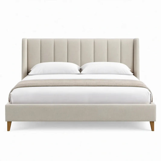 Gestoffeerd bedframe 160 x 200 cm Beige met Bruine houten poten
