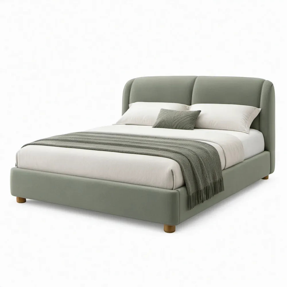 Gestoffeerd bedframe 160 x 200 cm Saliegroen met bruine poten