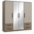 Kledingkast met 4 deuren, 4 laden en 2 spiegels, 200 x 52 x 200 cm, taupe en eikenkleurig