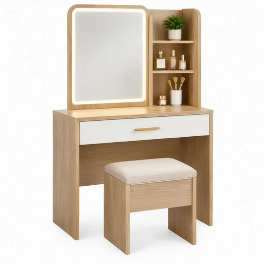 Kaptafelset met LED-spiegel, opbergvakken en kruk 80 x 40 x 140 cm – Eikenkleurig/Wit