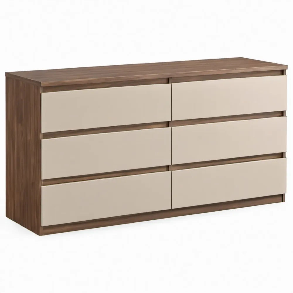 Ladekast met 6 lades, 160 x 45 x 75 cm, walnootbruin en beige