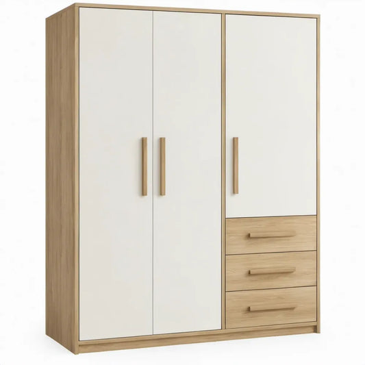 Kledingkast met 3 deuren en 3 lades, 120 x 52 x 200 cm, wit en eikenkleur